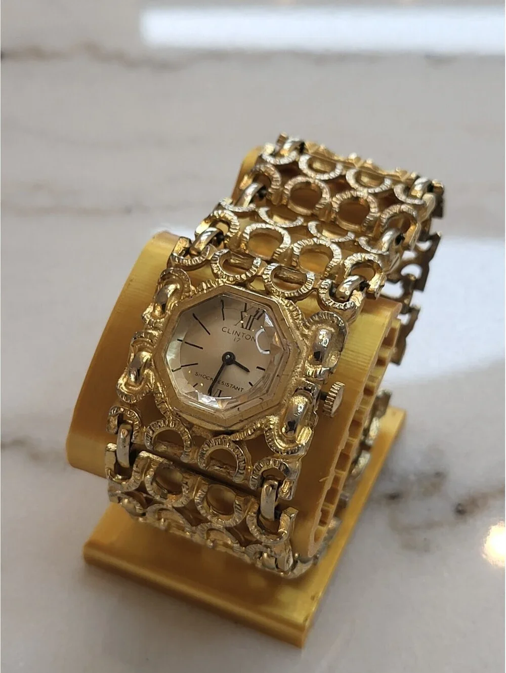Vtg Clinton Womens Watch Goldtone Wide Bracelet Band Wind Up Works Great EUC 7